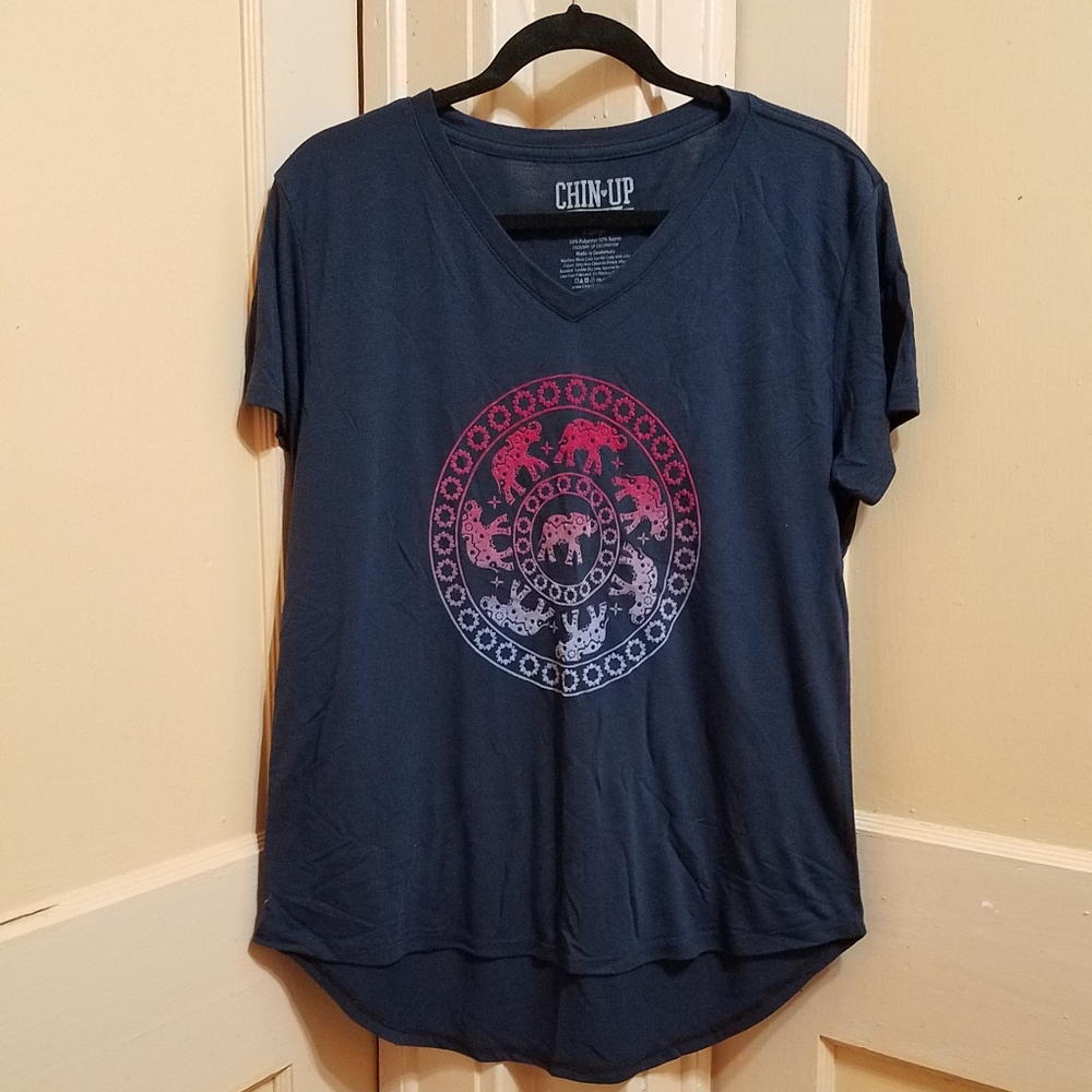 Chin Up Apparel Curved Blue with Elephant Graphic Hi-Lo Hem Tee Shirt